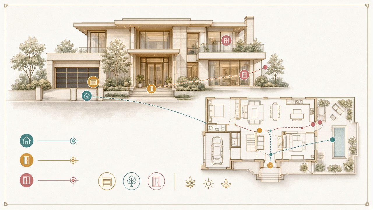 Architectural plan of a house with security coverage zones